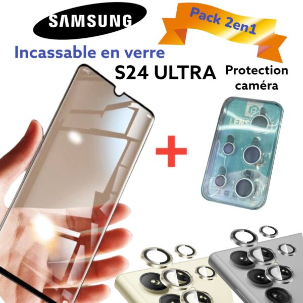 pack 2en1 s24ultra Verre trempé pour Samsung Galaxy S24 Ultra, colle complète, 9H, verre Ultra +  Lentille protection caméra 5pieces